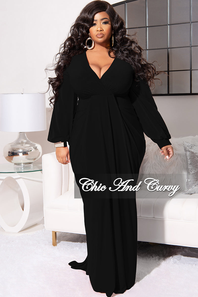 Final Sale Plus Size Balloon Sleeve Deep V Faux Wrap Gown in Black – Chic  And Curvy